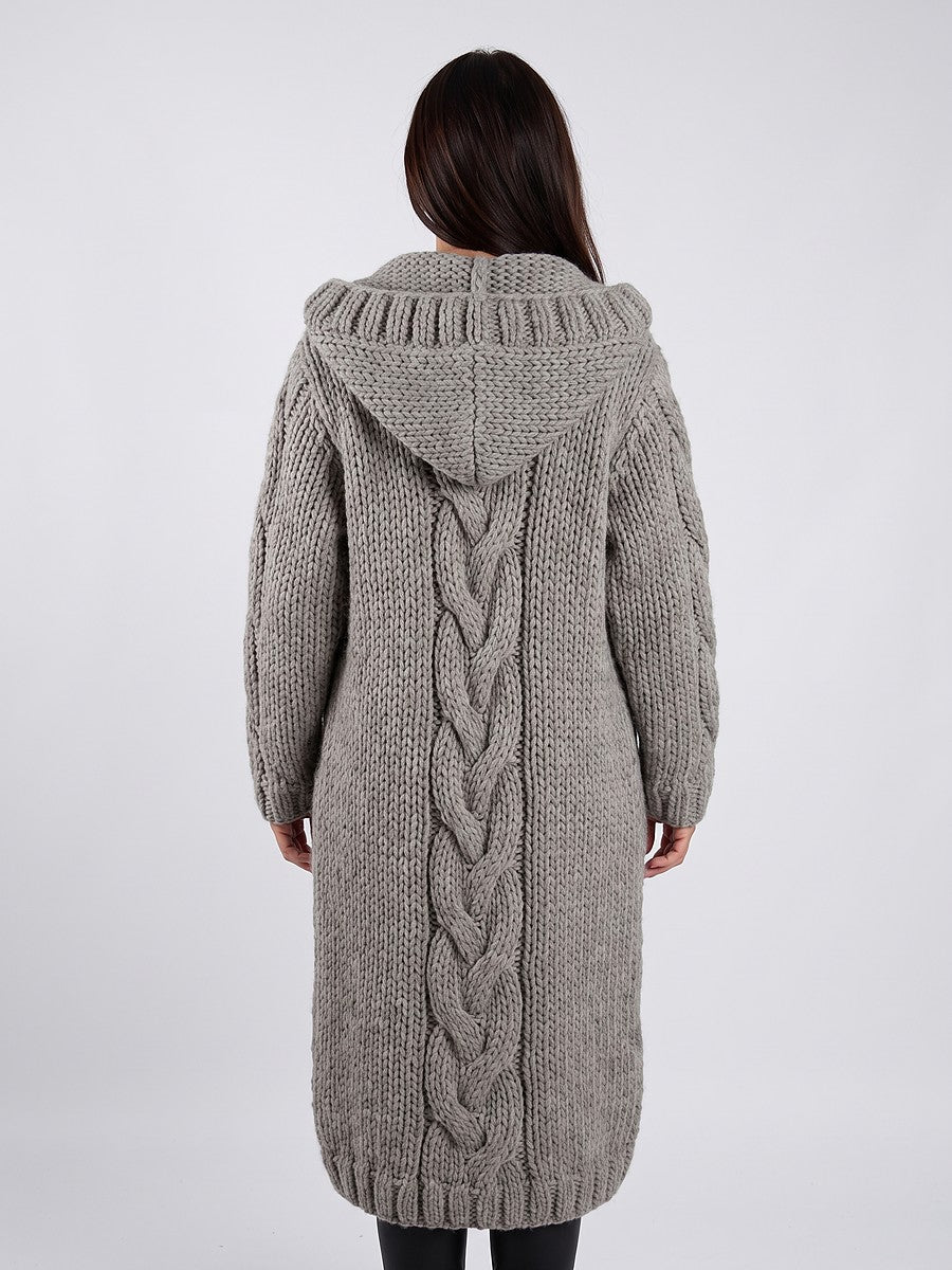Lang grovstrikket cardigan med hætte
