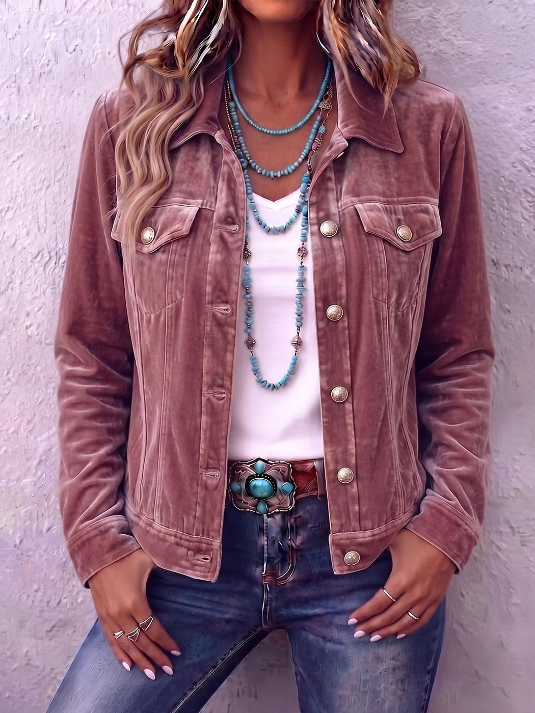 Veste Courte en Velours Femme Boutonnée
