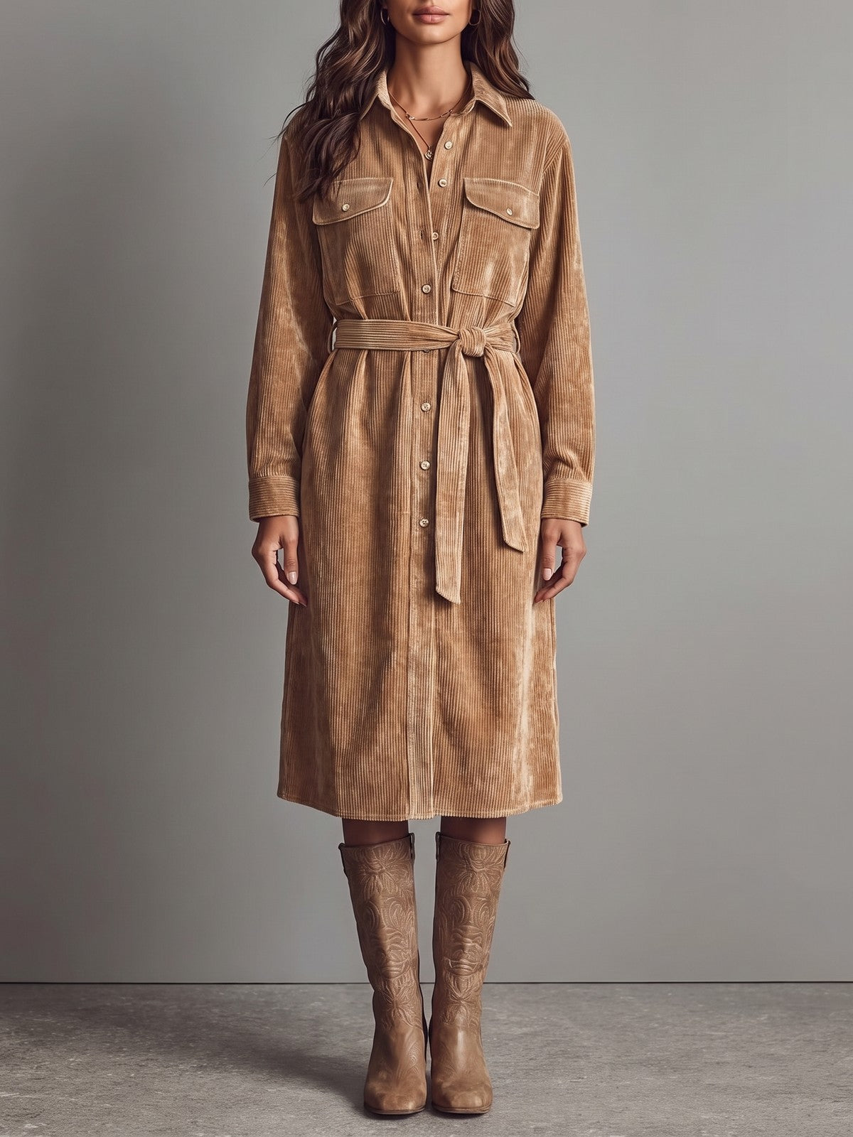 Robe Chemise Ceinturée en Velours Côtelé Femme