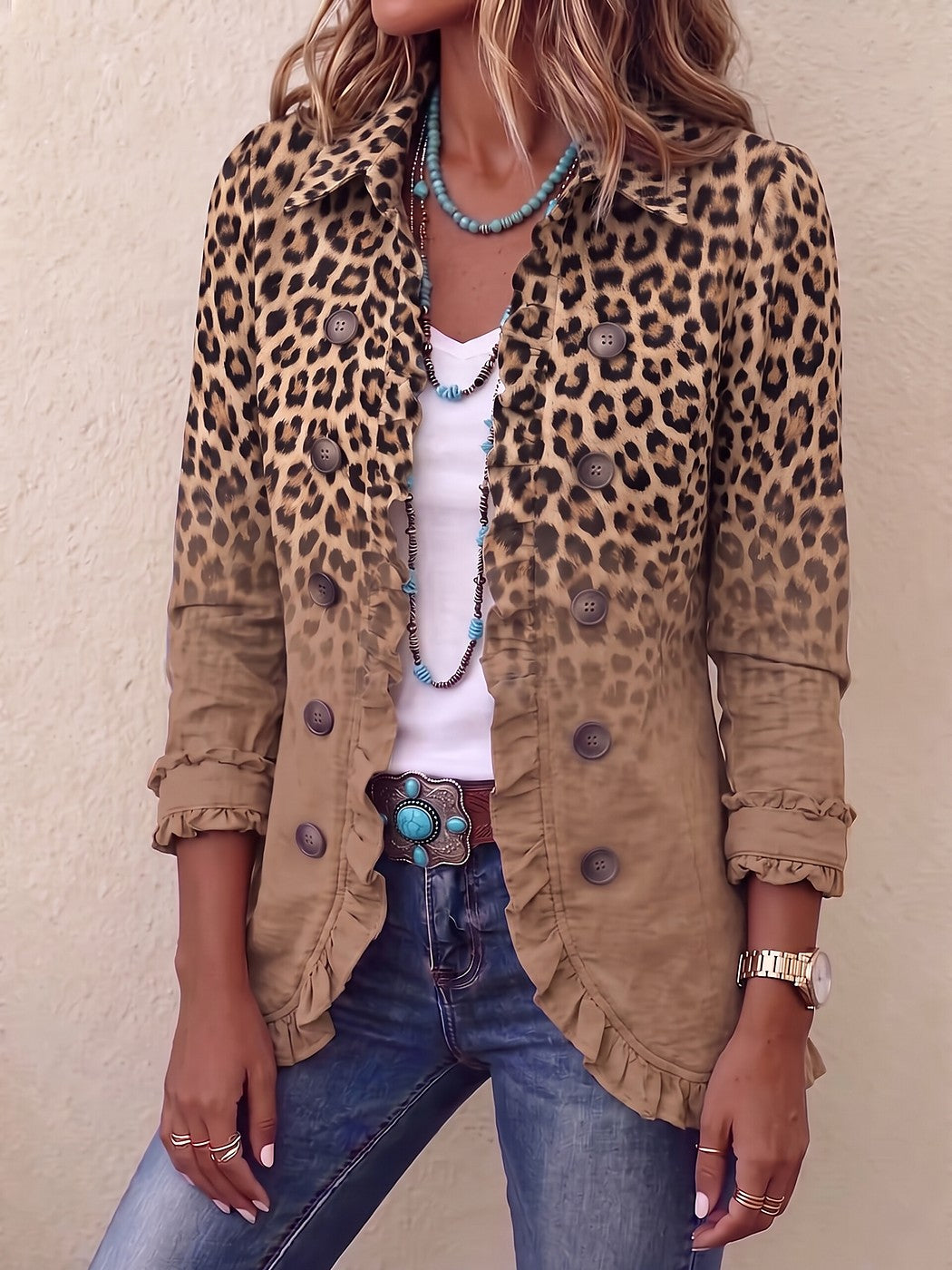 Veste Léopard Femme Boutonnée à Volants