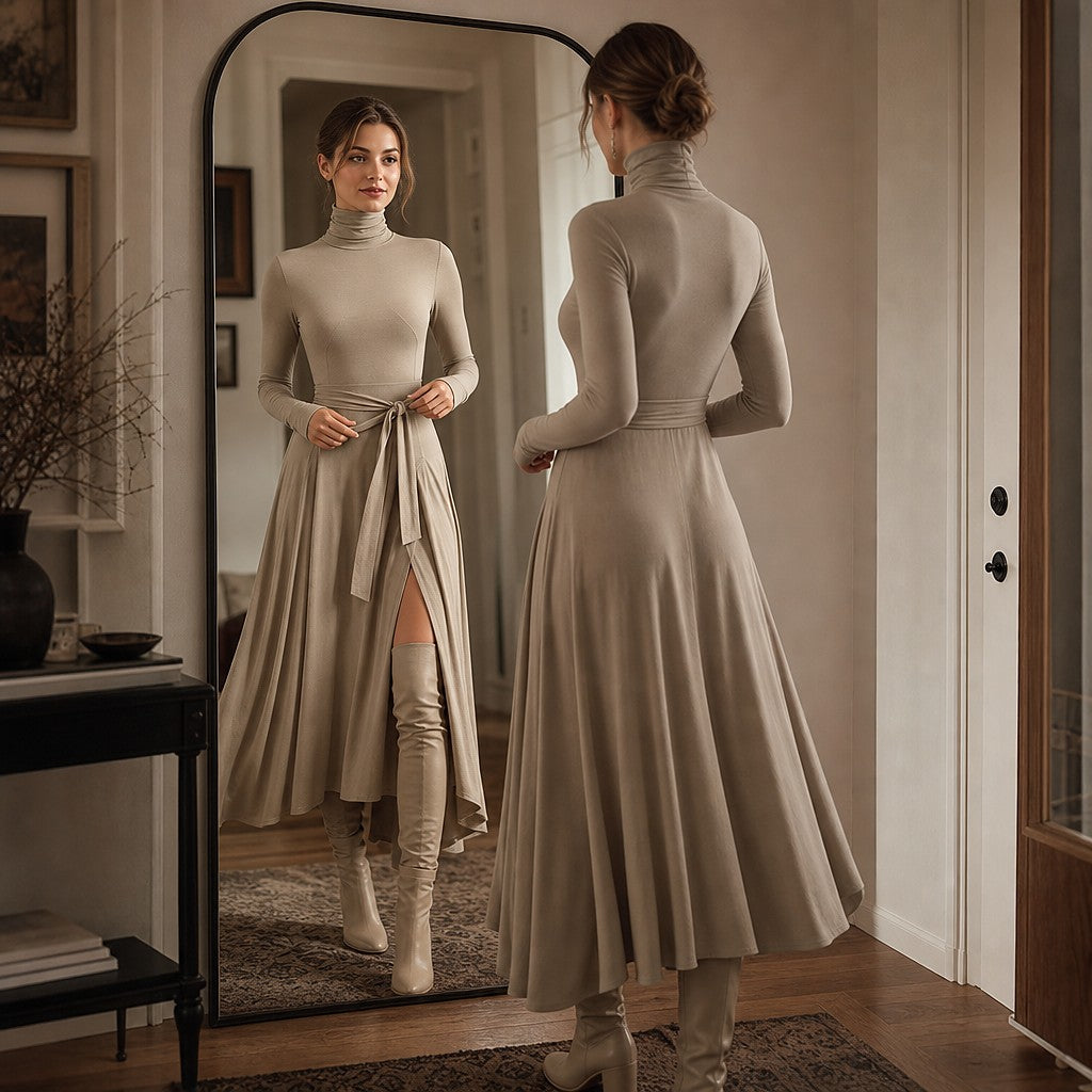 Robe Pull Midi à Col Roulé Femme