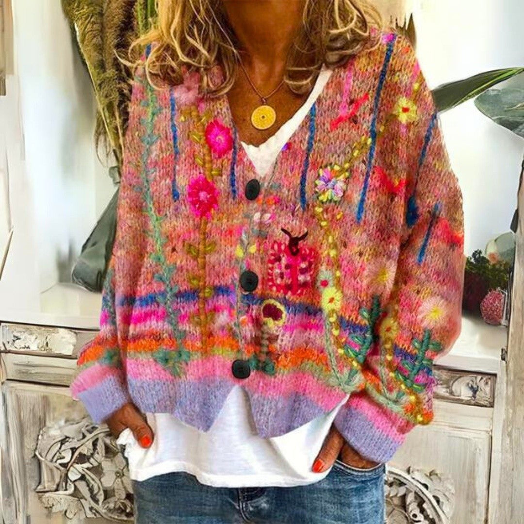 Gilet Fleuri Boutonné à Col V Femme