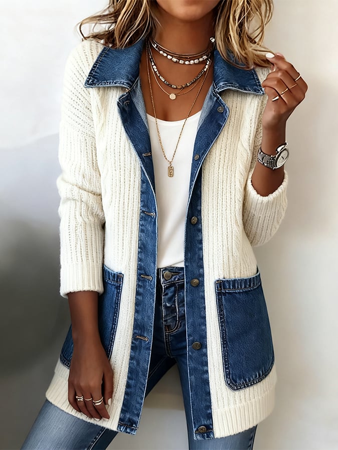 Cardigan med denimpaneler og kabelstrik