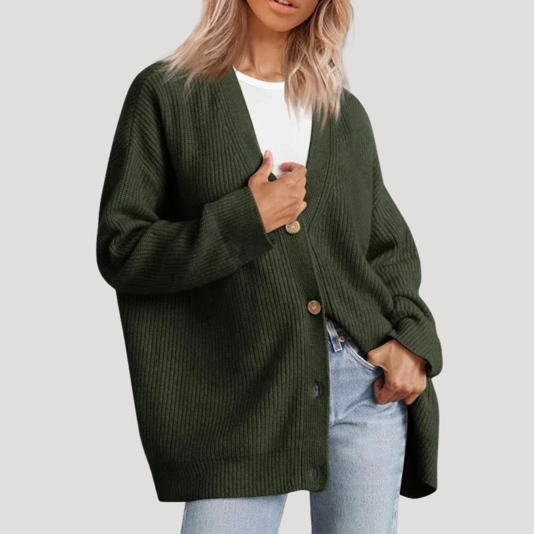 Oversized cardigan i ribstrik med V-hals