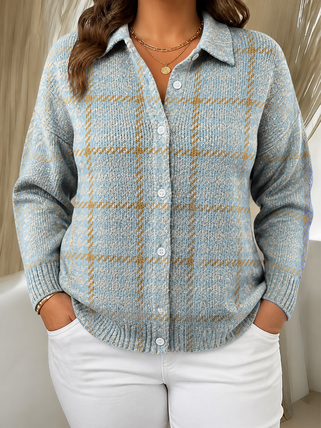 Gilet Chiné Col Chemise Femme à Carreaux