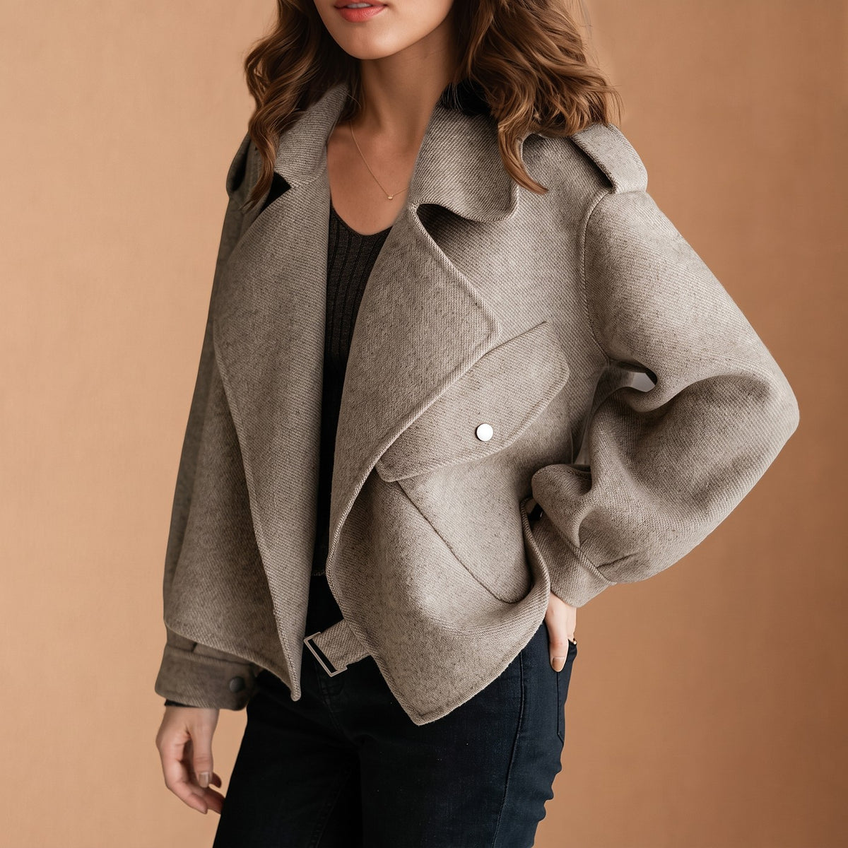 Veste Courte Ample Femme à Revers