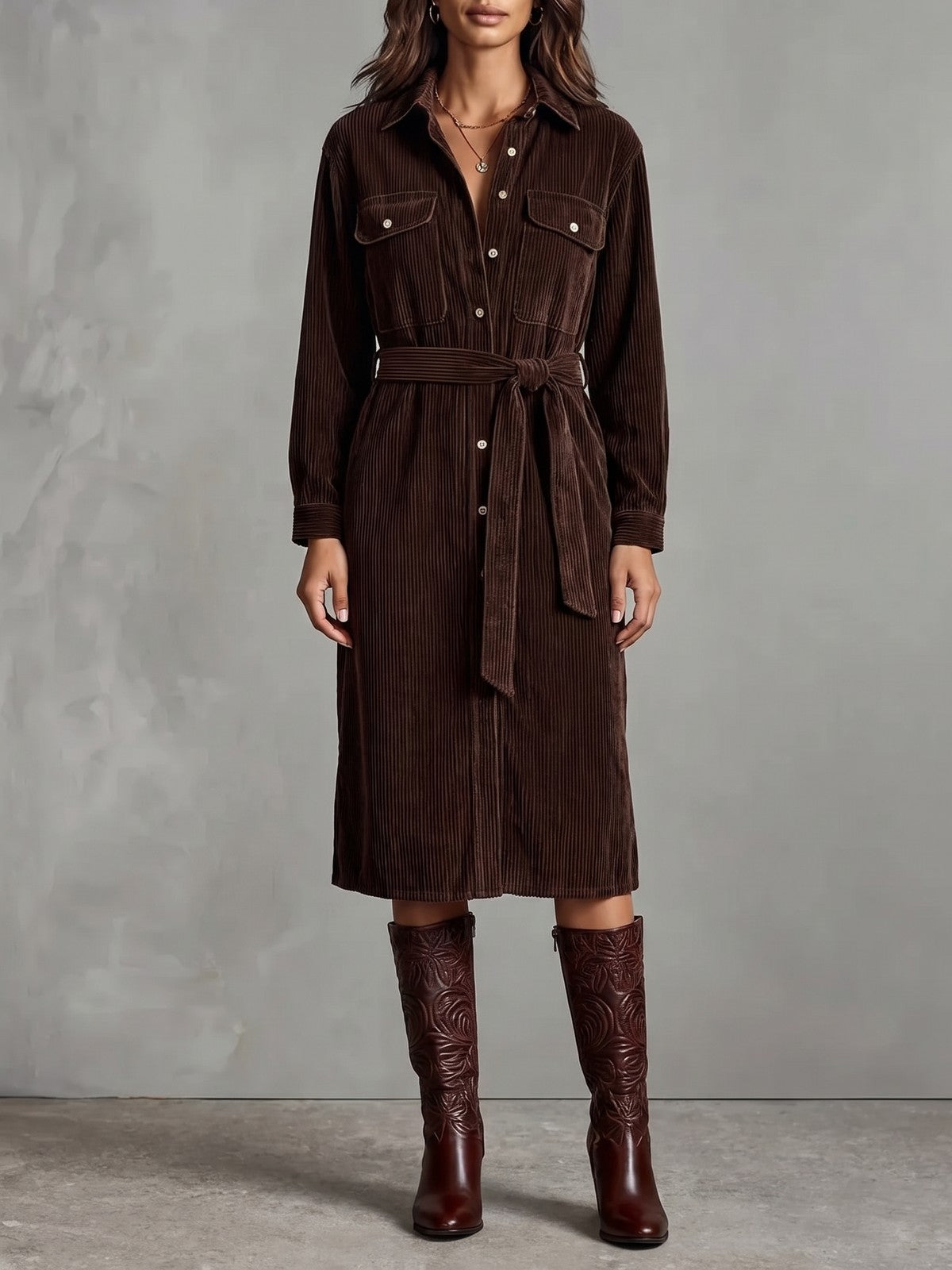 Robe Chemise Ceinturée en Velours Côtelé Femme