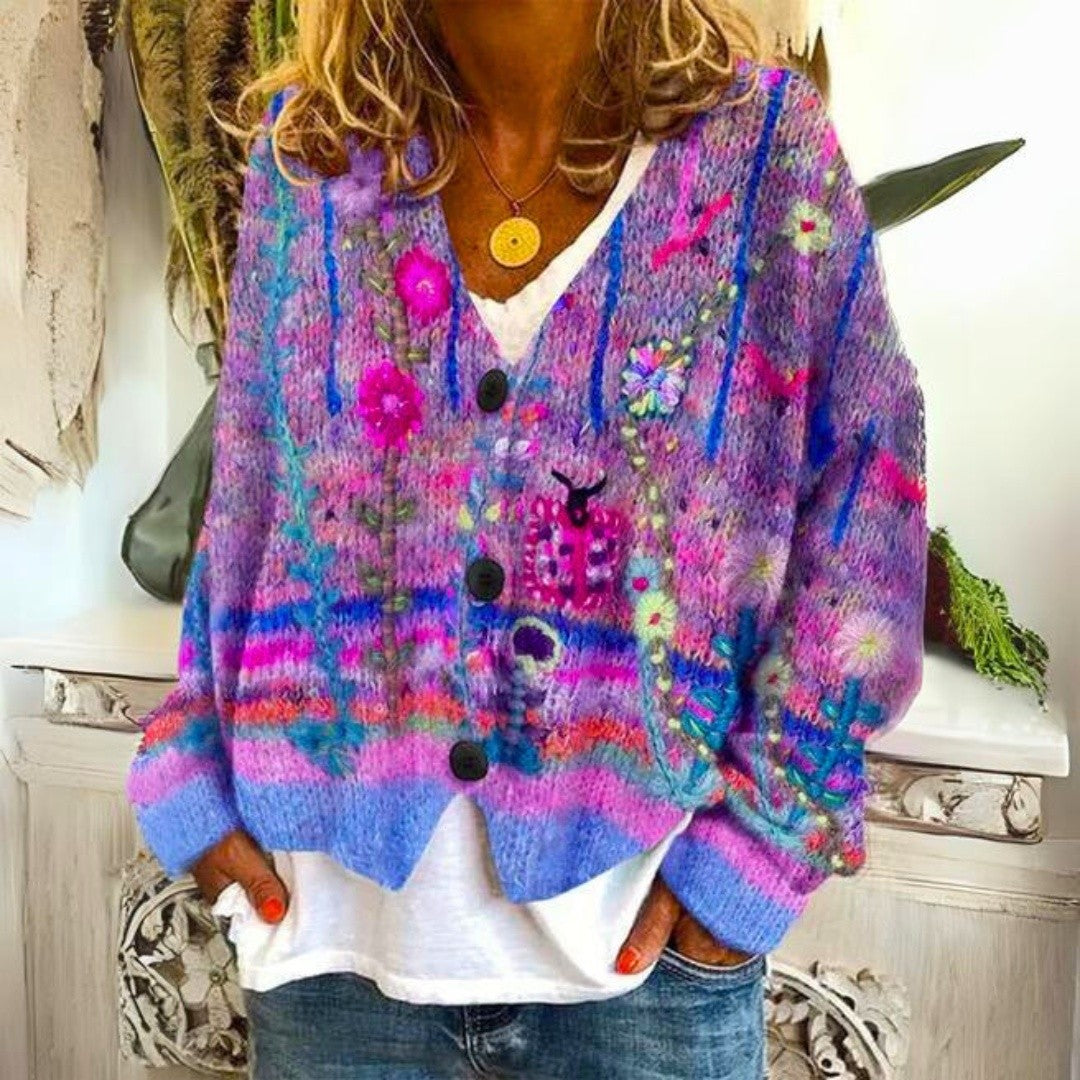 Gilet Fleuri Boutonné à Col V Femme