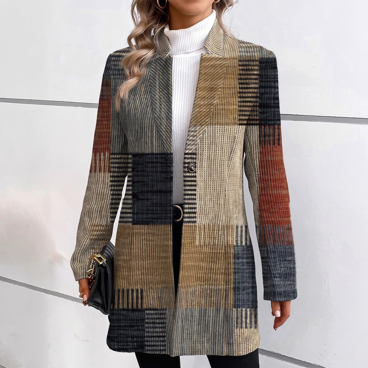 Blazer Long Femme à Carreaux Patchwork