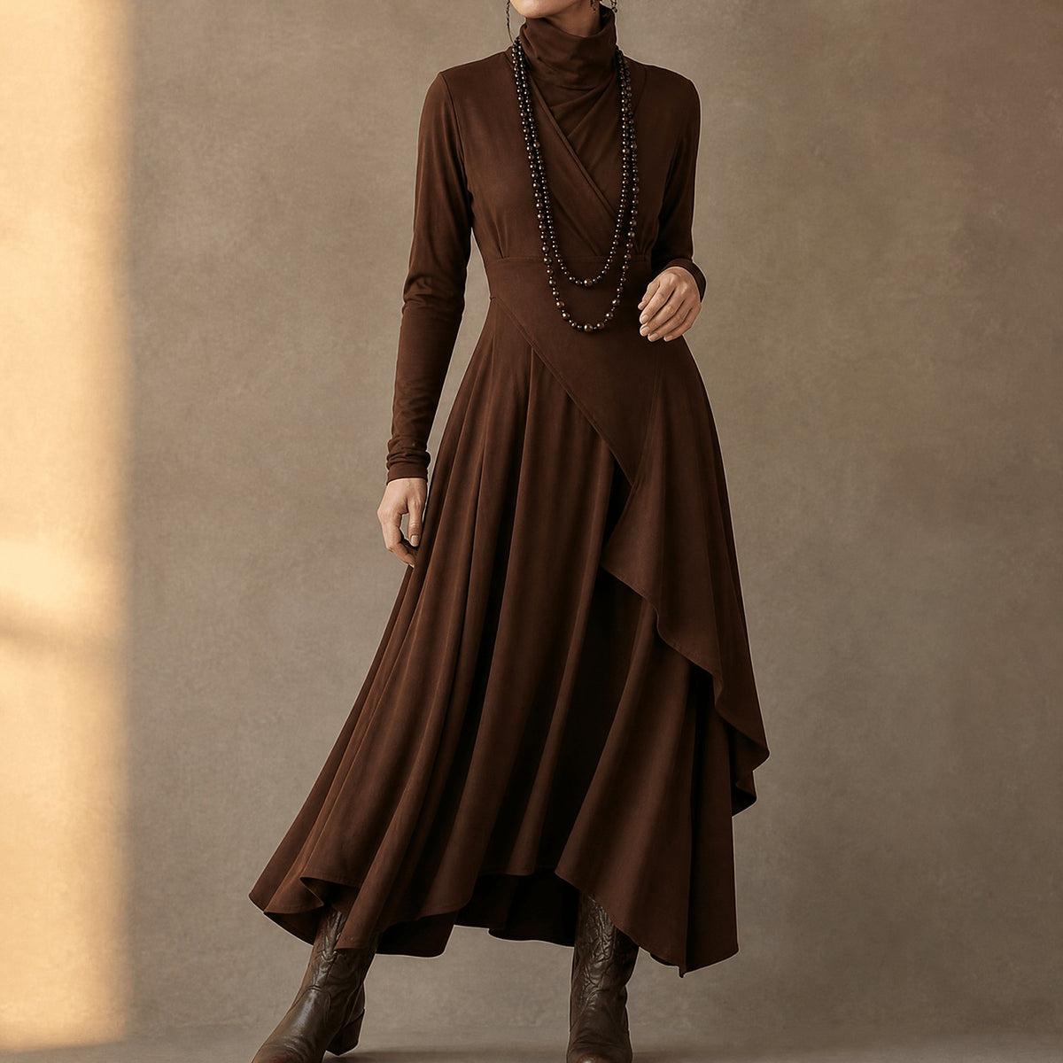 Robe Longue Drapée Femme à Manches Longues