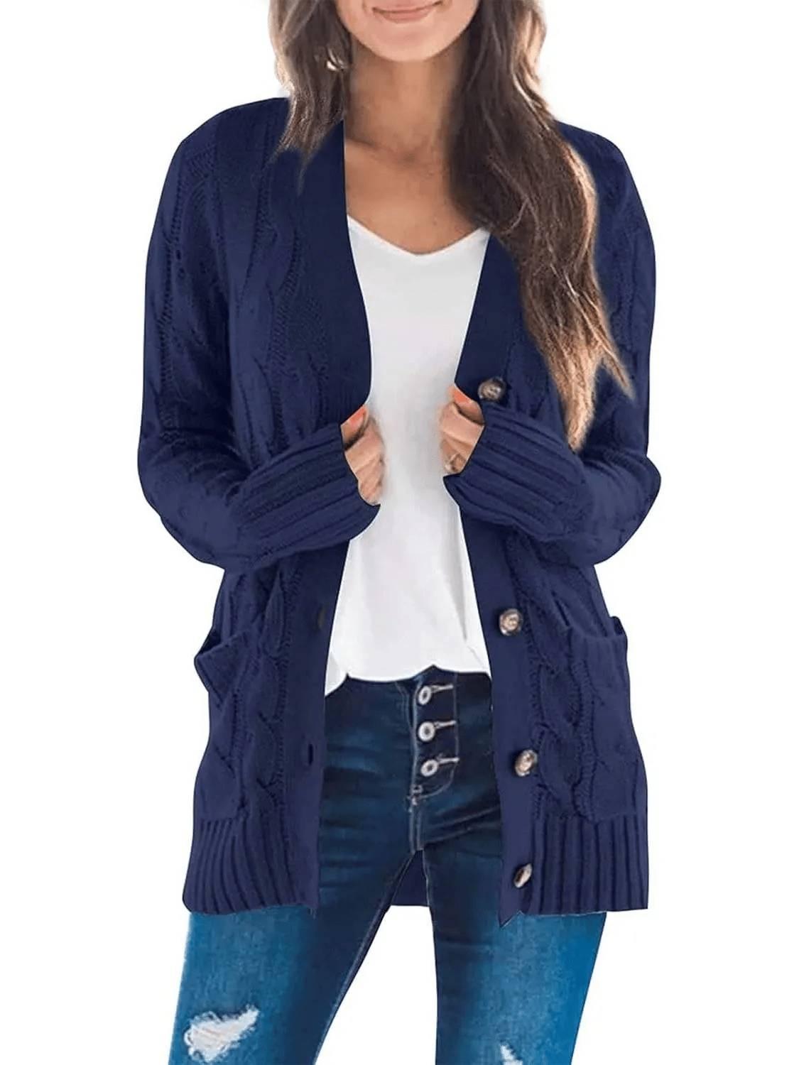 Lang kabelstrikket cardigan med lommer