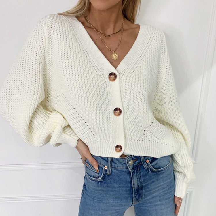 Kort cardigan i fiskeribstrik med V-hals