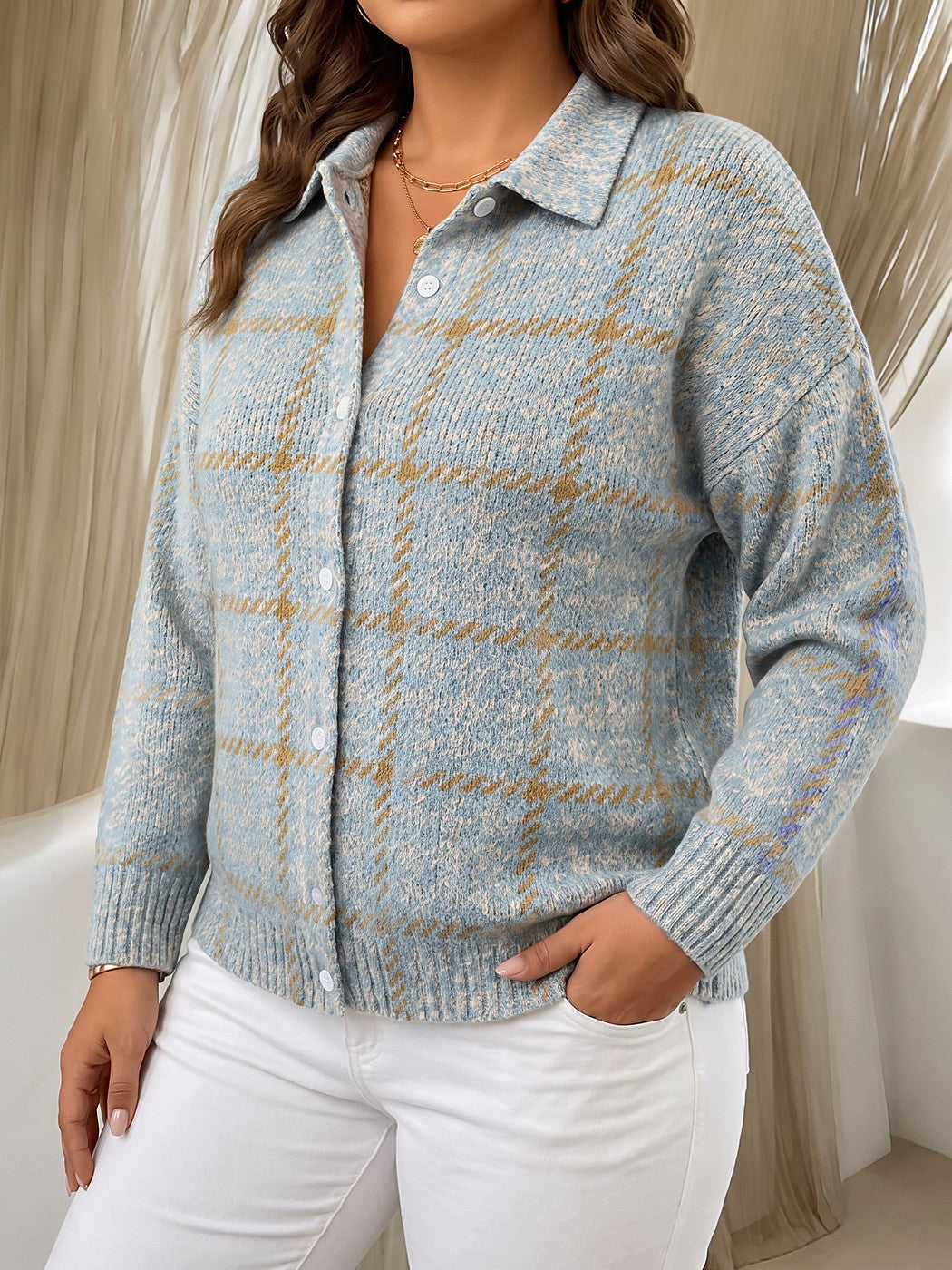 Gilet Chiné Col Chemise Femme à Carreaux