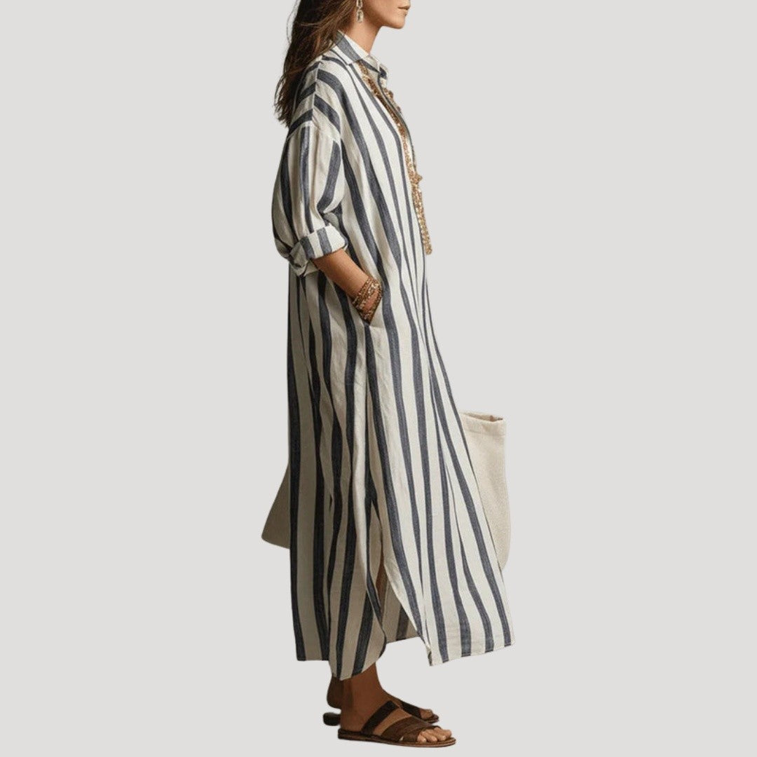 Robe Chemise Longue Rayée Femme à Poches