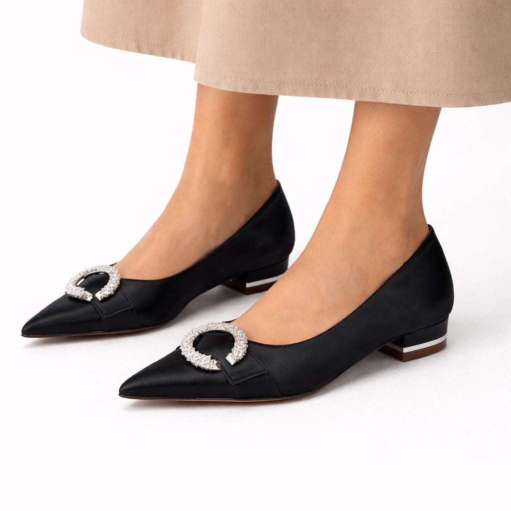 Ballerines Pointues Satin Femme à Boucle Strass