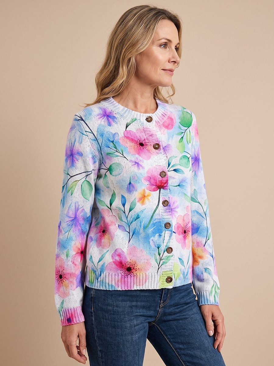 Cardigan med malede blomster i akvarel