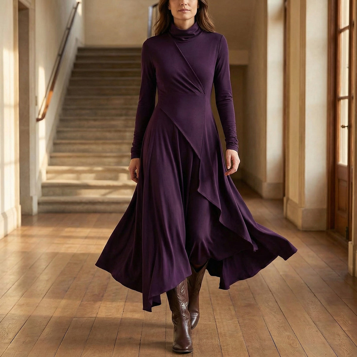 Robe Longue Drapée Femme à Manches Longues