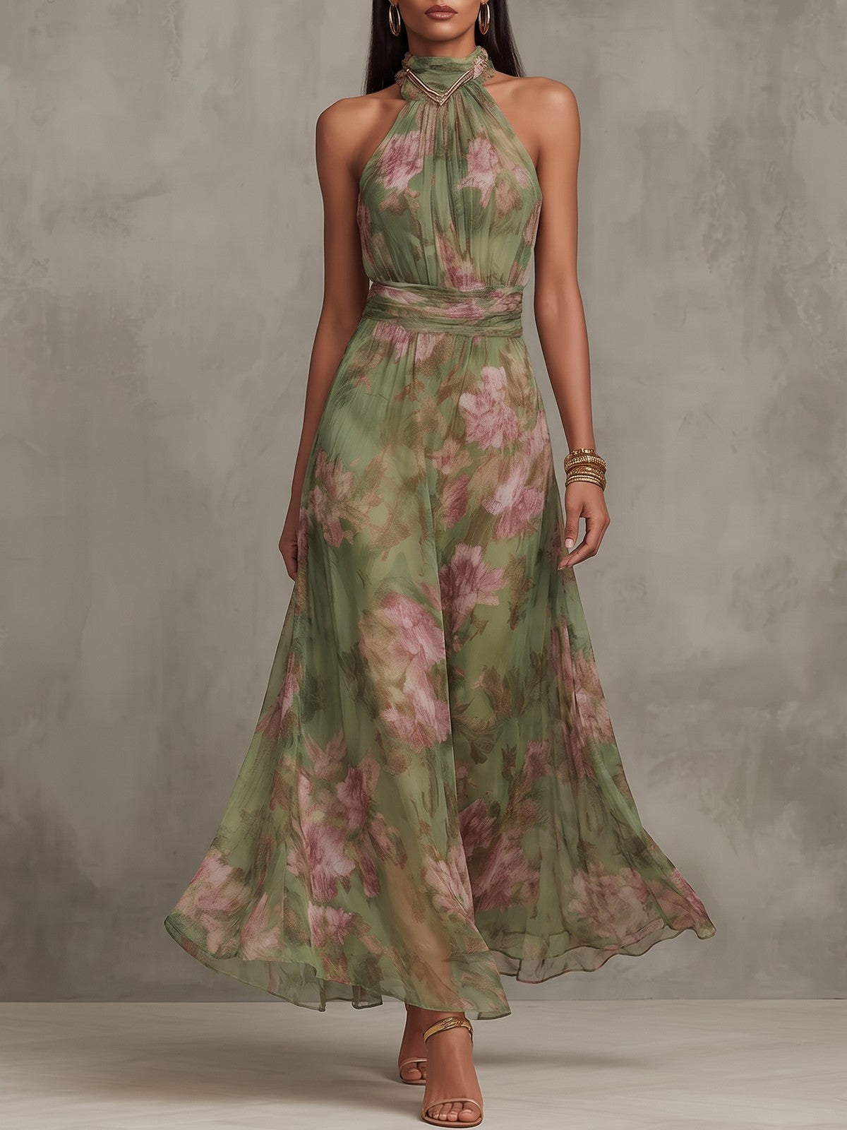 Robe Longue Fleurie Femme à Col Américain