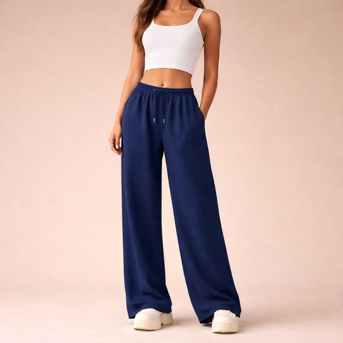 Pantalon Large à Taille Élastique Femme