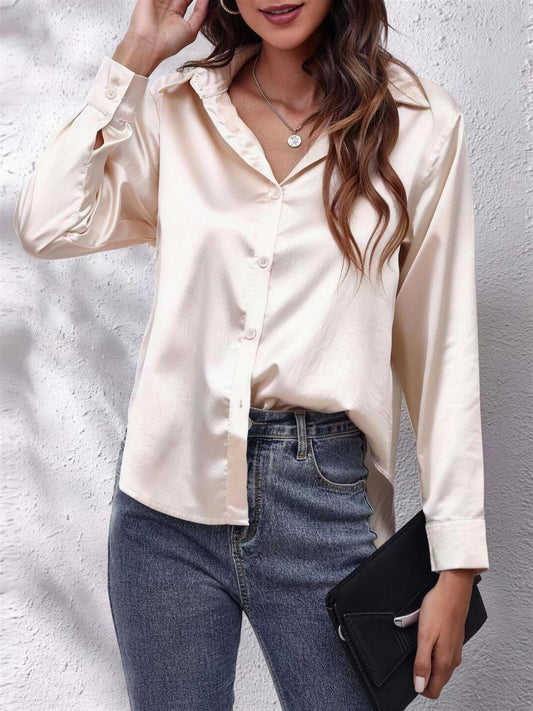 Chemise en Satin Femme à Col Pointu