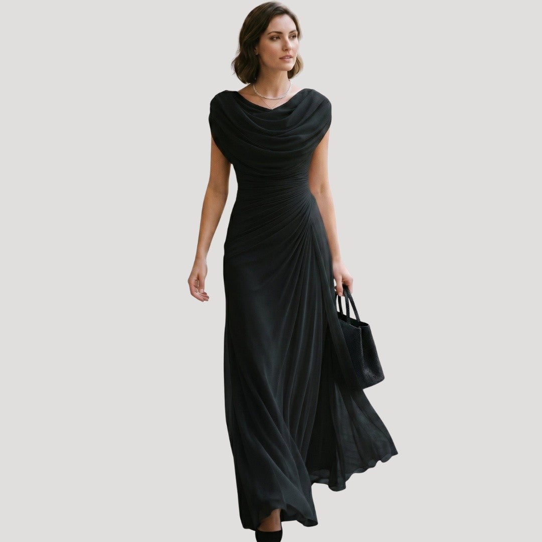 Robe Longue Drapée Femme à Manches Courtes