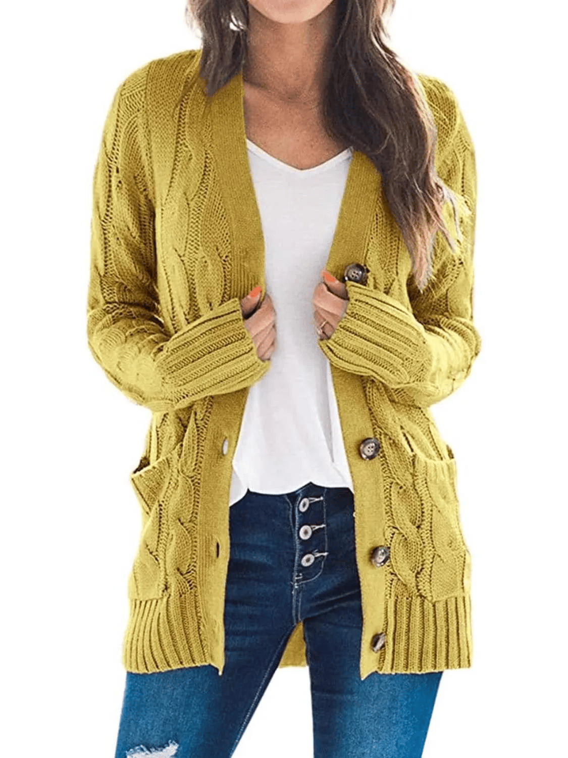 Lang kabelstrikket cardigan med lommer