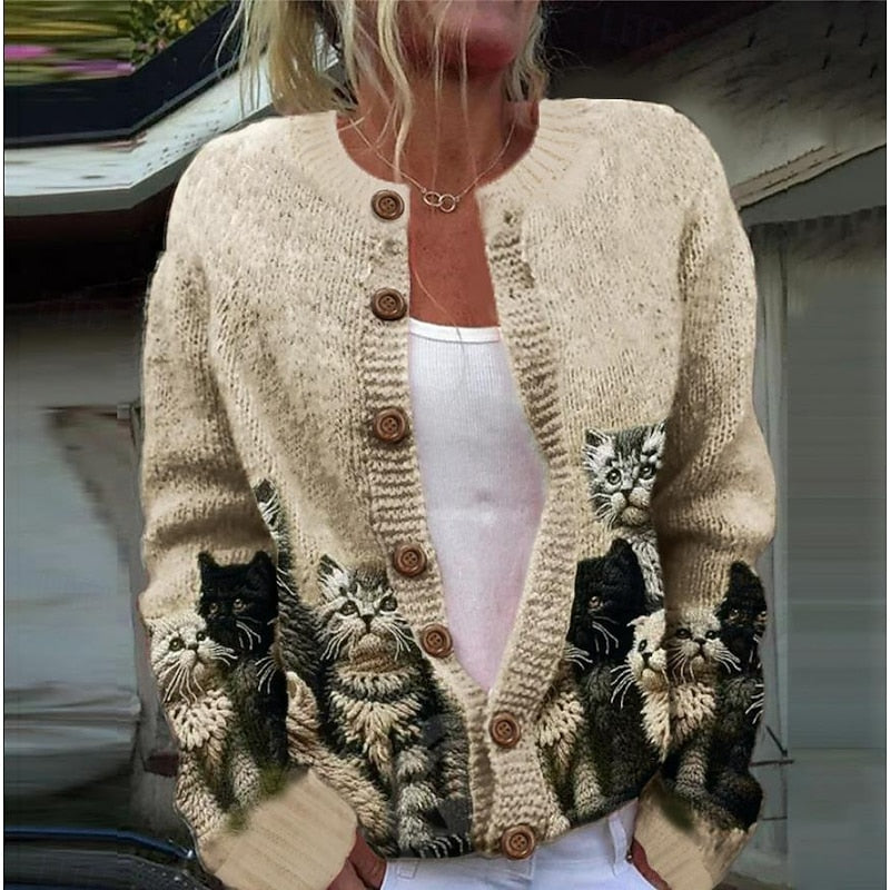 Cardigan med katteprint og træknapper