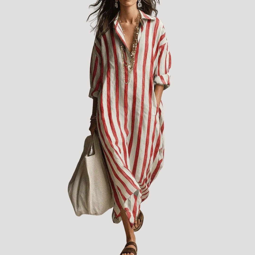 Robe Chemise Longue Rayée Femme à Poches