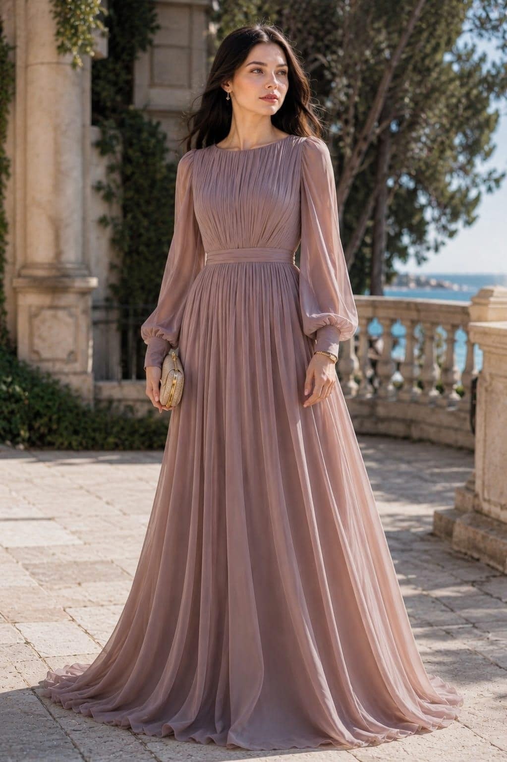 Robe Longue Plissée à Manches Ballon Femme