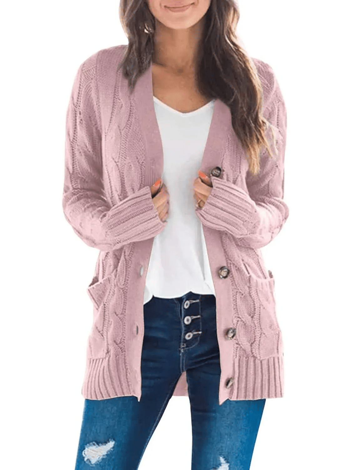 Lang kabelstrikket cardigan med lommer