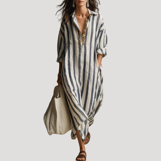 Robe Chemise Longue Rayée Femme à Poches