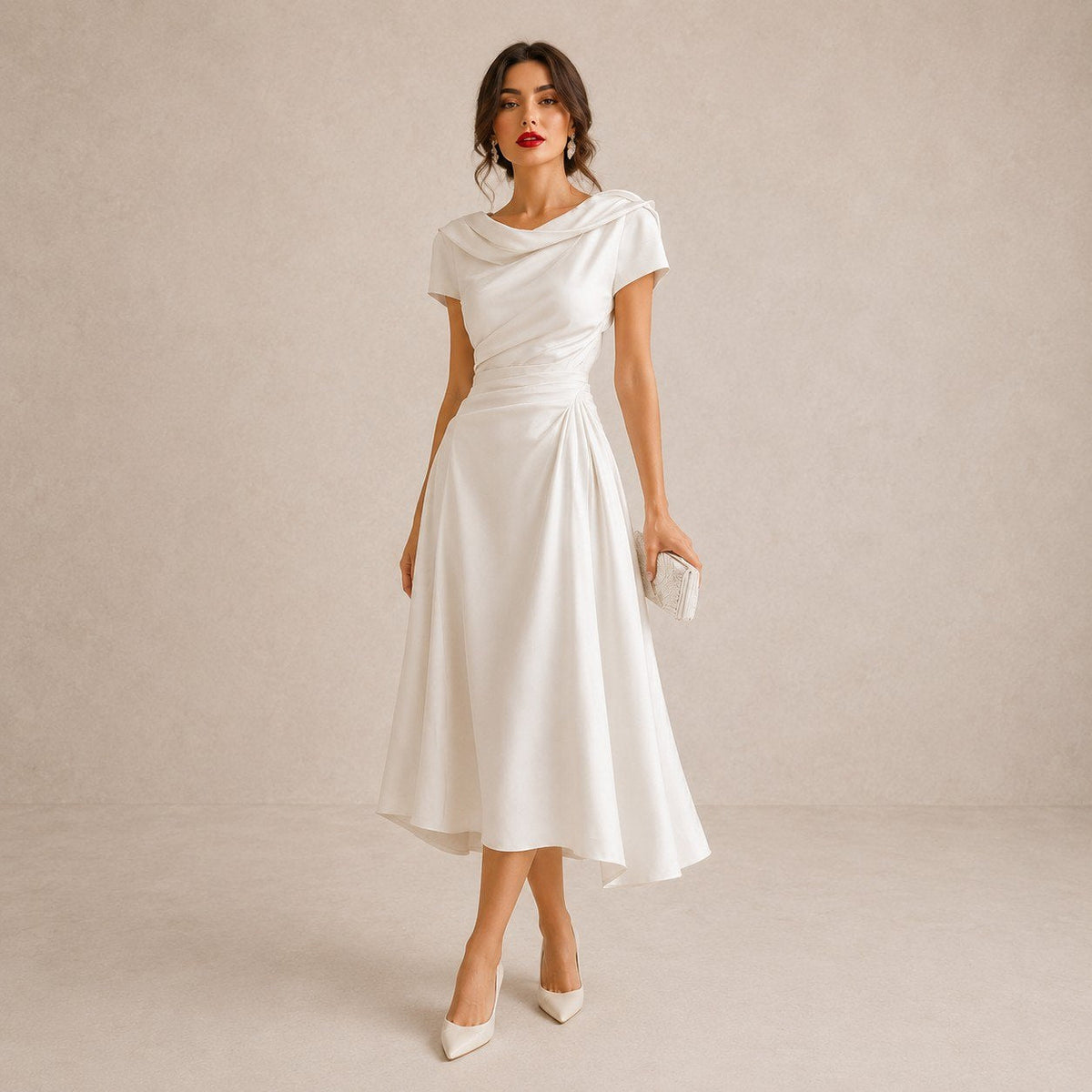Robe Midi Satin à Col Bénitier Femme