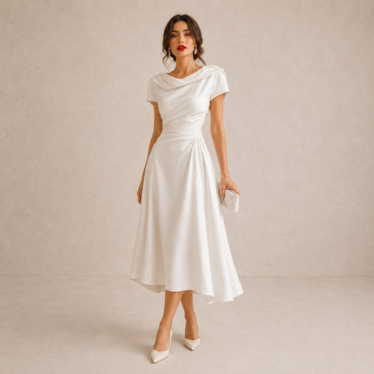 Robe Midi Satin à Col Bénitier Femme