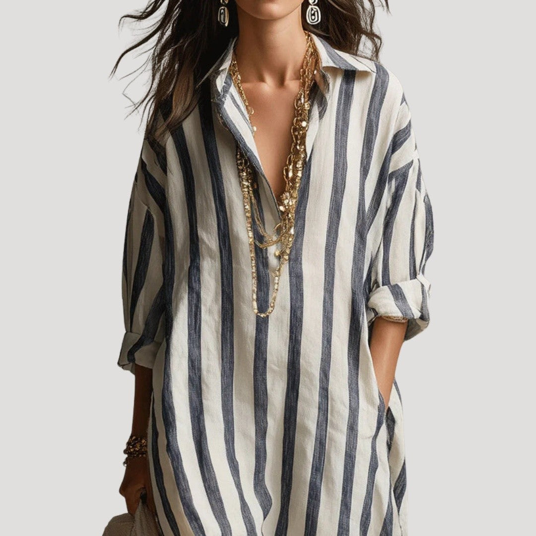 Robe Chemise Longue Rayée Femme à Poches