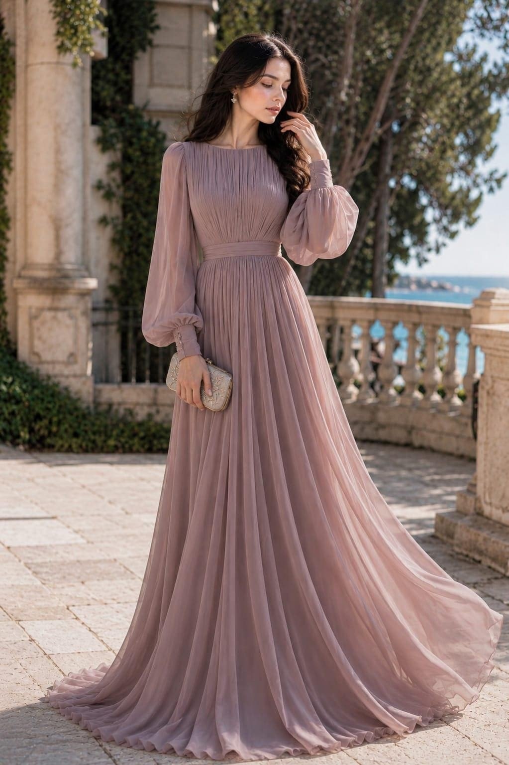 Robe Longue Plissée à Manches Ballon Femme
