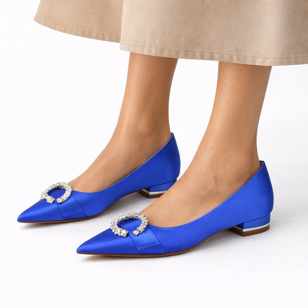 Ballerines Pointues Satin Femme à Boucle Strass
