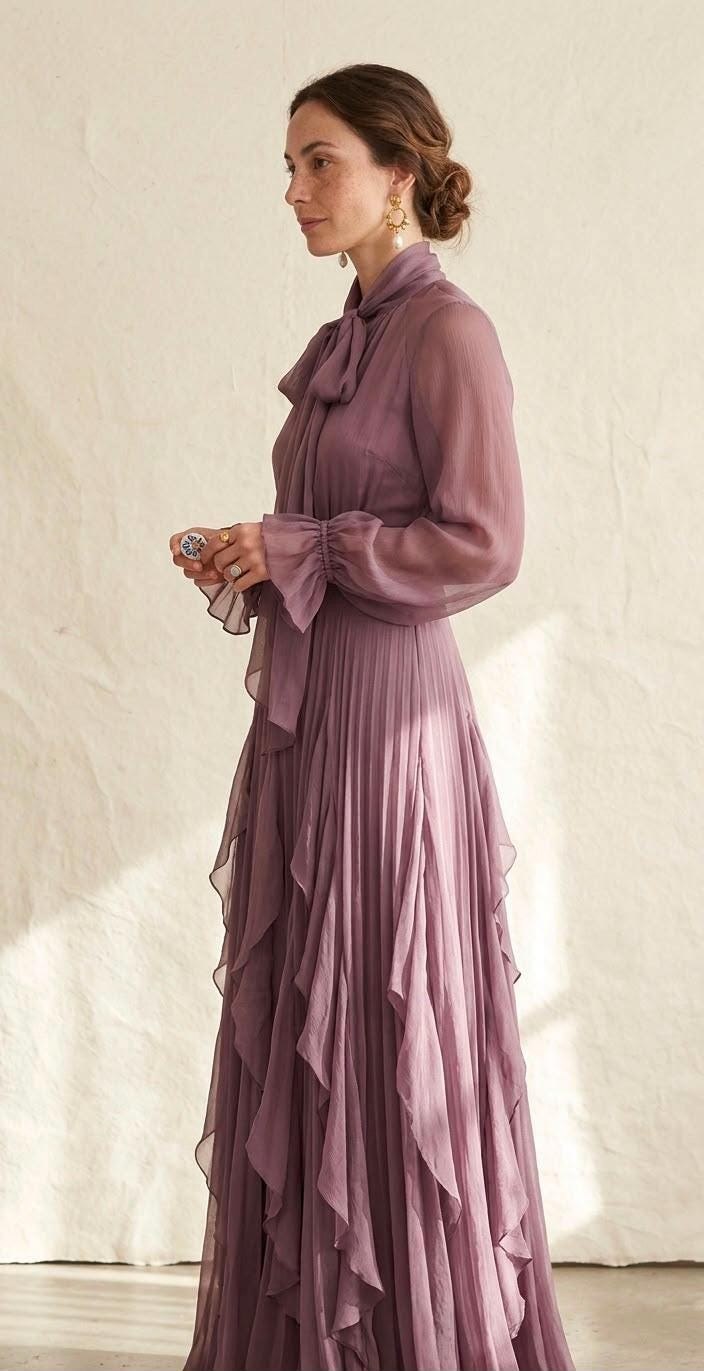 Robe Longue à Col Lavallière Femme