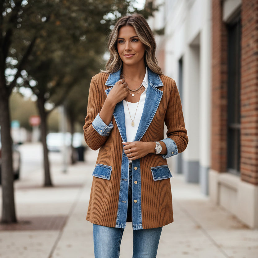 Cardigan med denimkrave og denimlommer