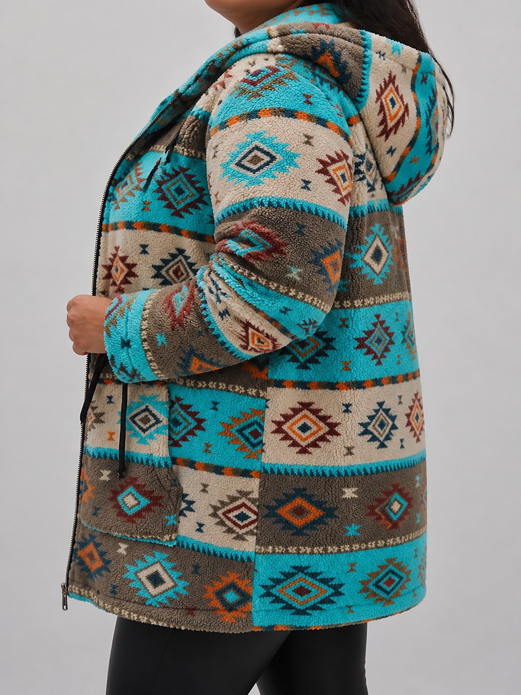 Veste Sherpa Femme à Capuche Motif Aztèque