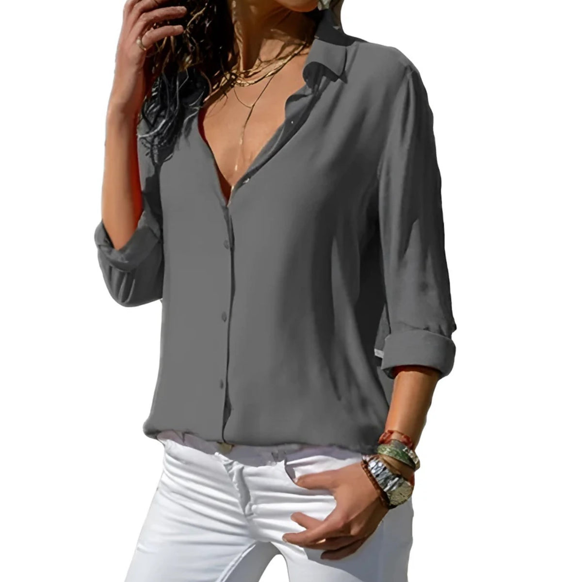 Chemise Fluide Col V Femme Manches Longues