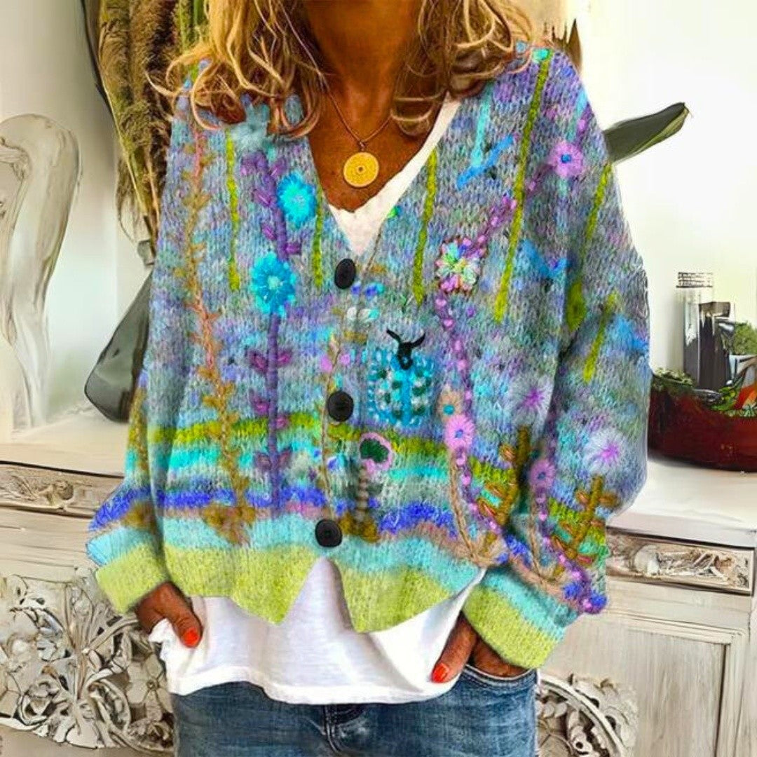 Gilet Fleuri Boutonné à Col V Femme