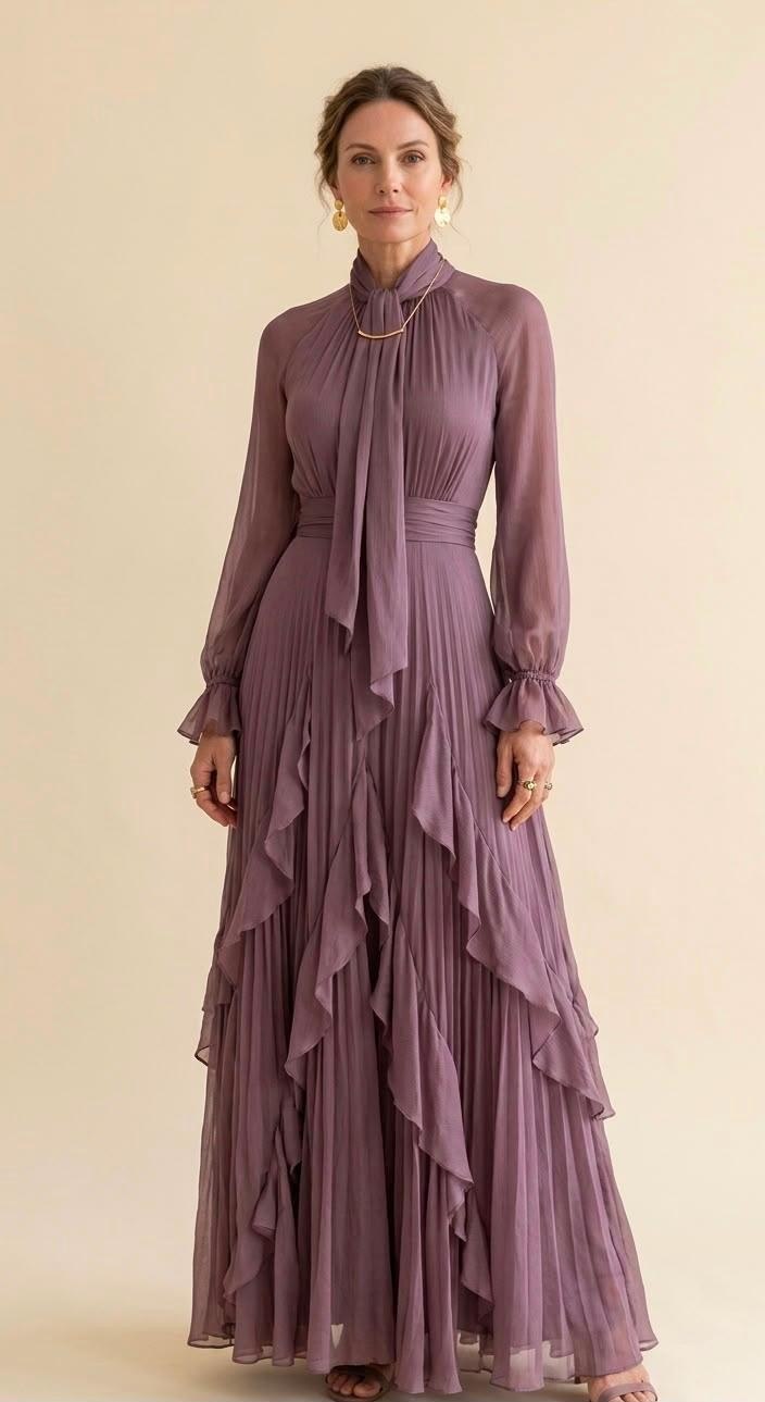 Robe Longue à Col Lavallière Femme
