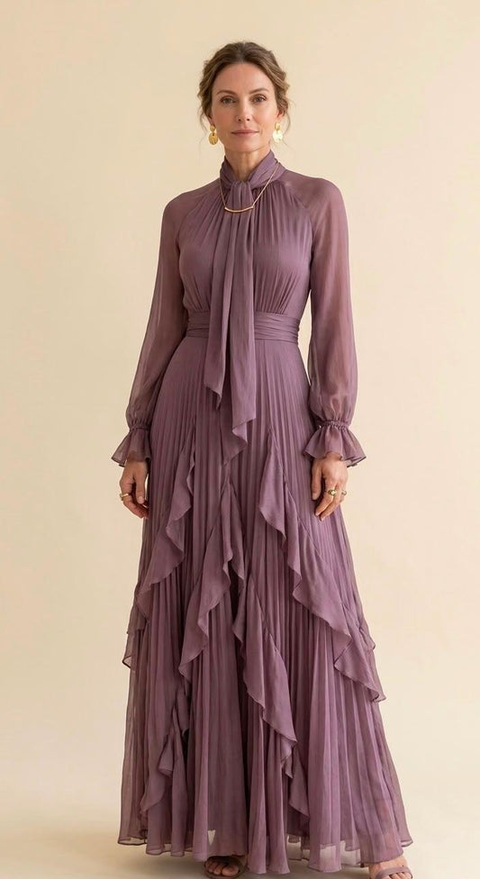Robe Longue à Col Lavallière Femme