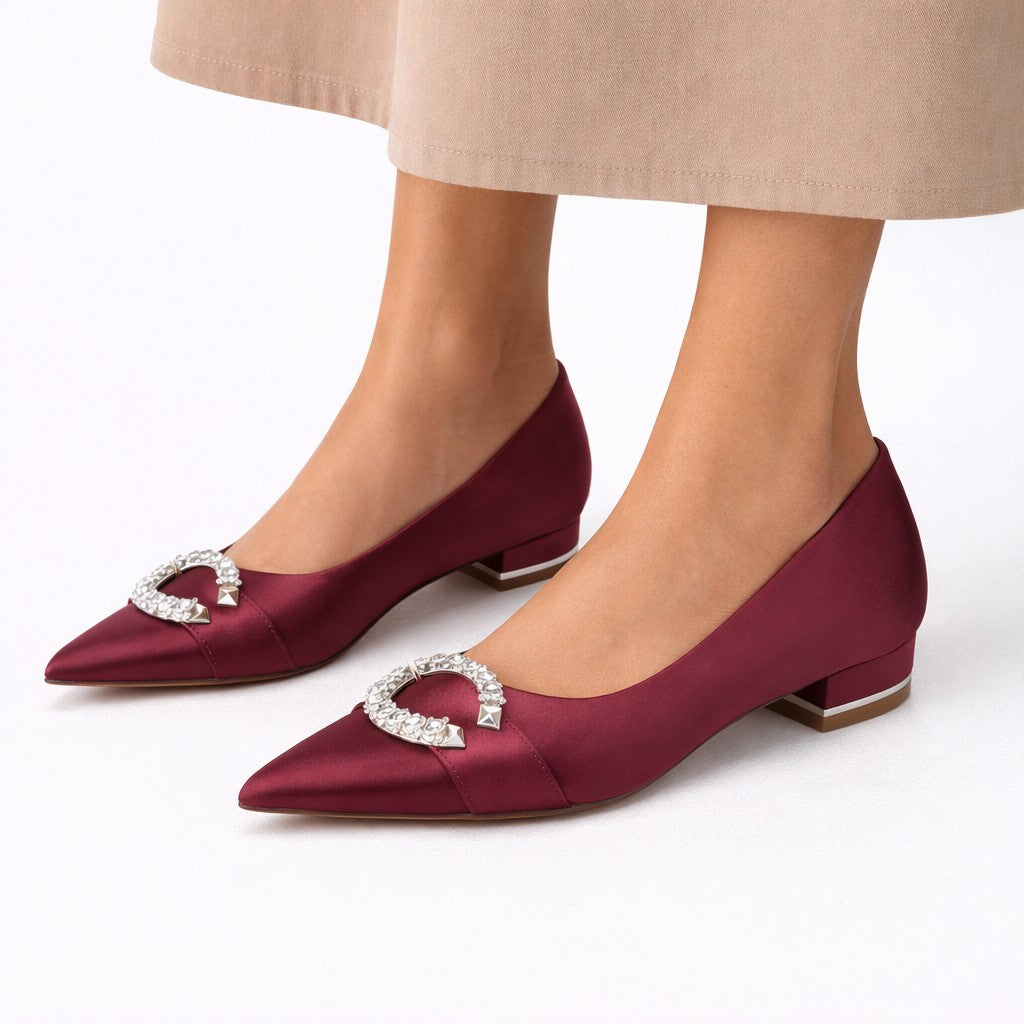 Ballerines Pointues Satin Femme à Boucle Strass