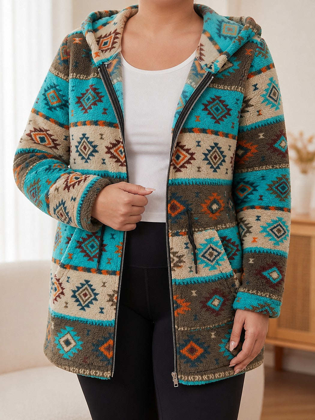 Veste Sherpa Femme à Capuche Motif Aztèque