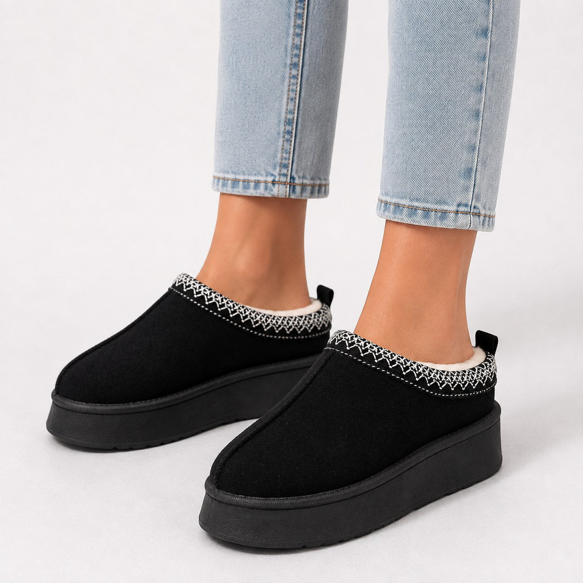 Mules Fourrées Plateforme Femme à Broderie