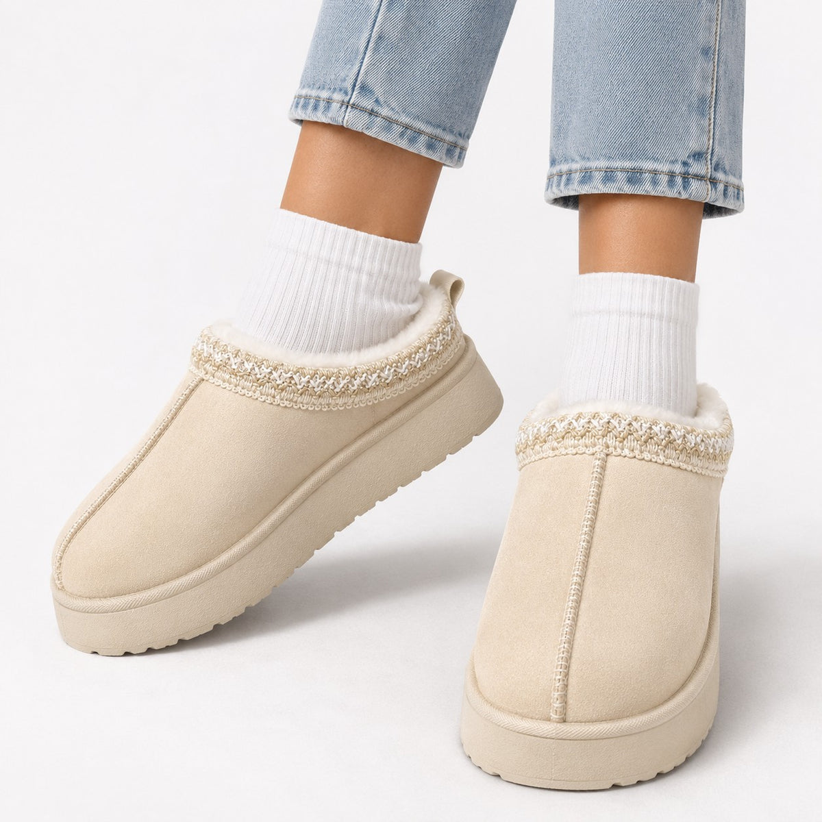 Mules Fourrées Plateforme Femme à Broderie