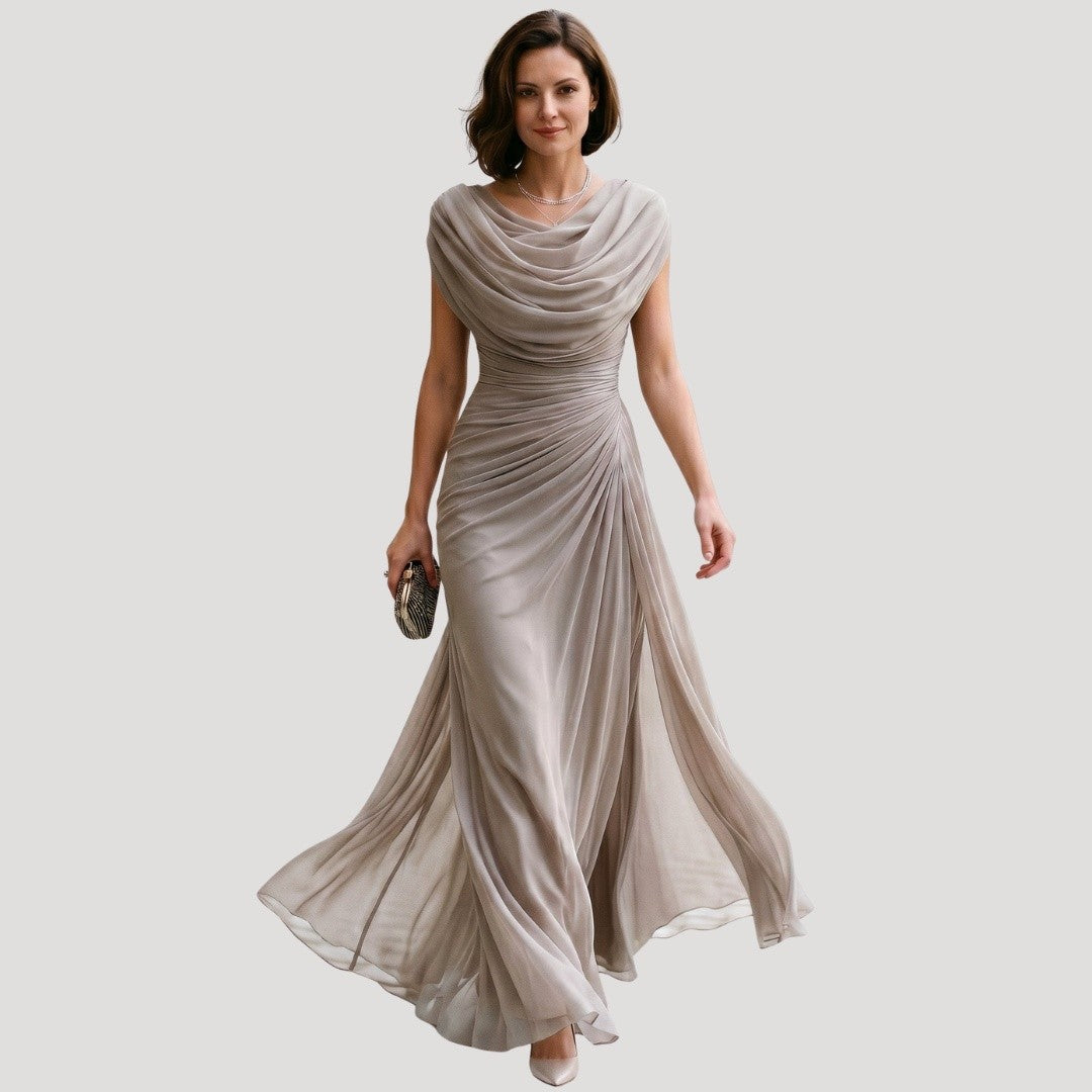 Robe Longue Drapée Femme à Manches Courtes