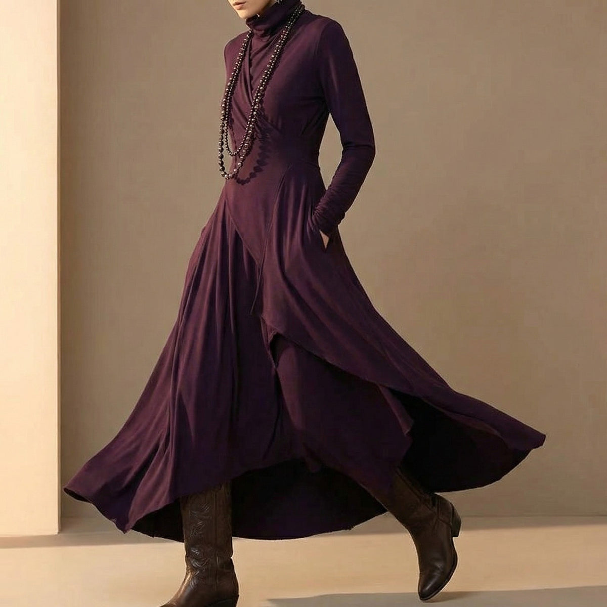 Robe Longue Drapée Femme à Manches Longues