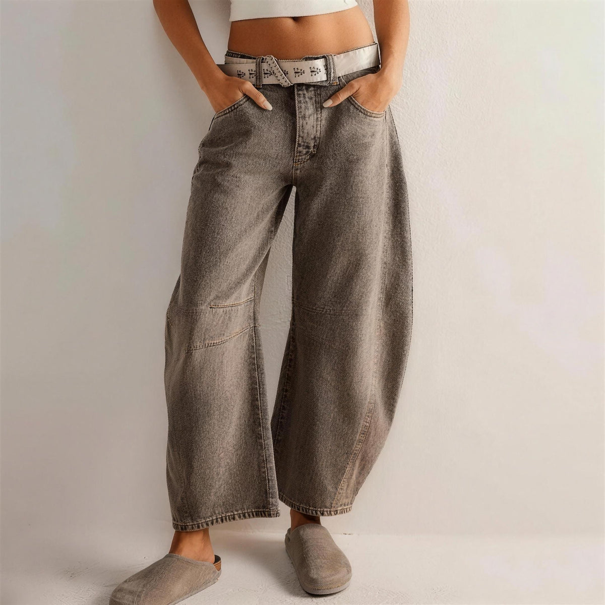 Jean Baggy Barrel Femme à Surpiqûres Contrastées